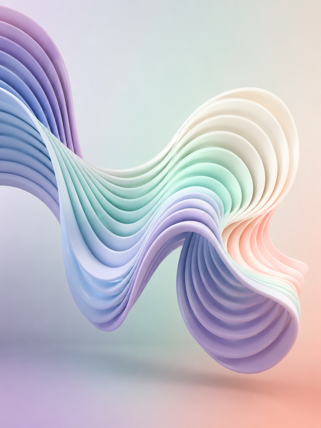 Weiche, geschichtete 3D-Welle in pastelligen Verläufen von Violett über Blau zu Pfirsich.
