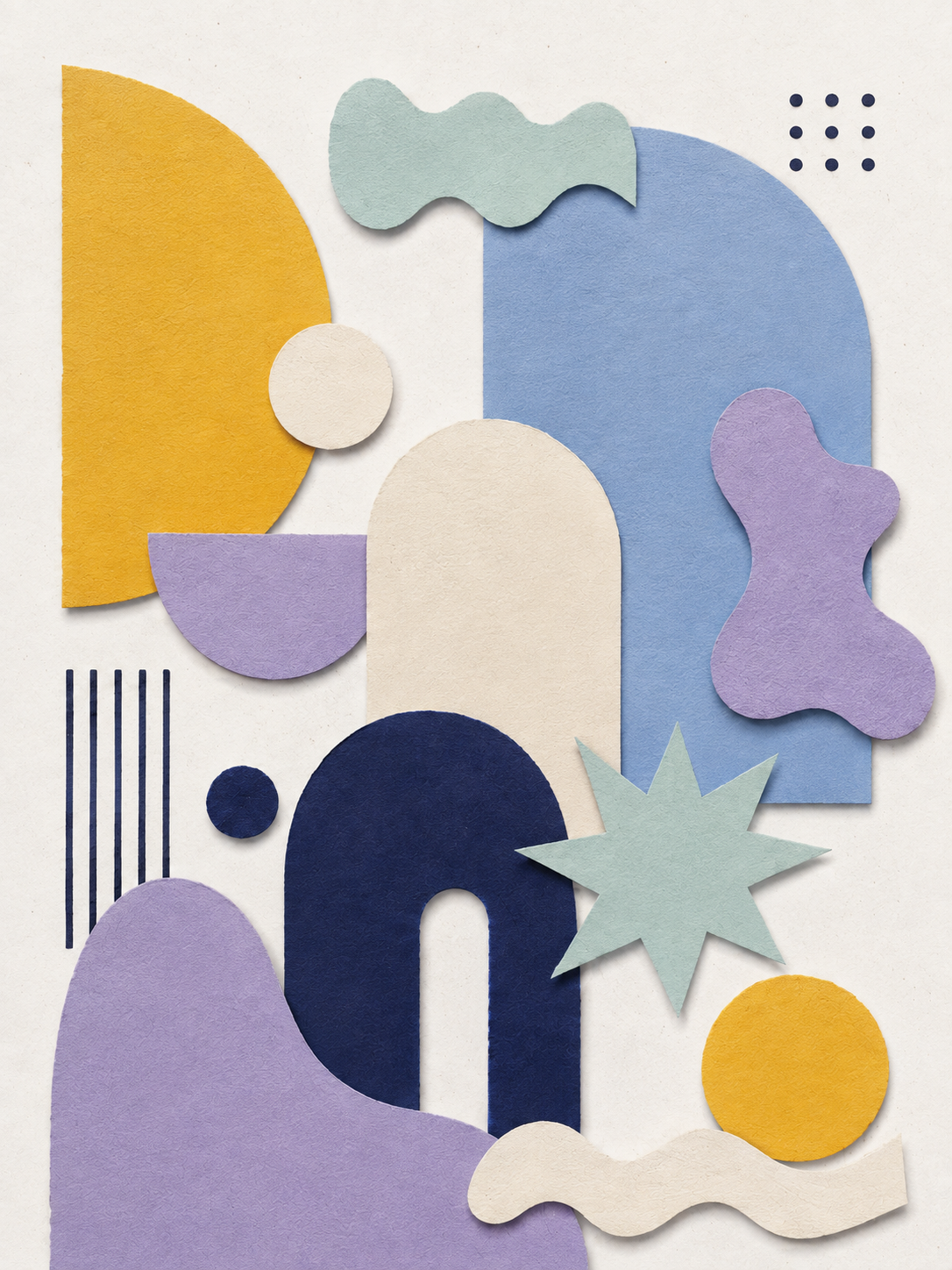 Abstrakte Papierschnitt-Collage aus geometrischen Formen in Blau, Lavendel, Mintgrün und Gelb.